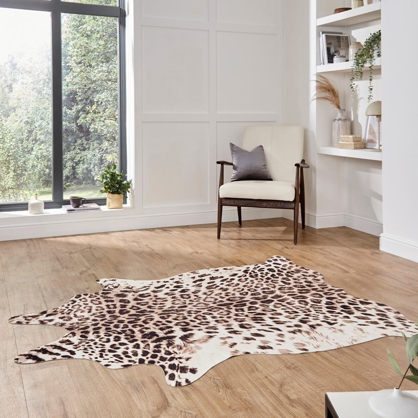 Faux Leopard Print Rug in Brown Beige